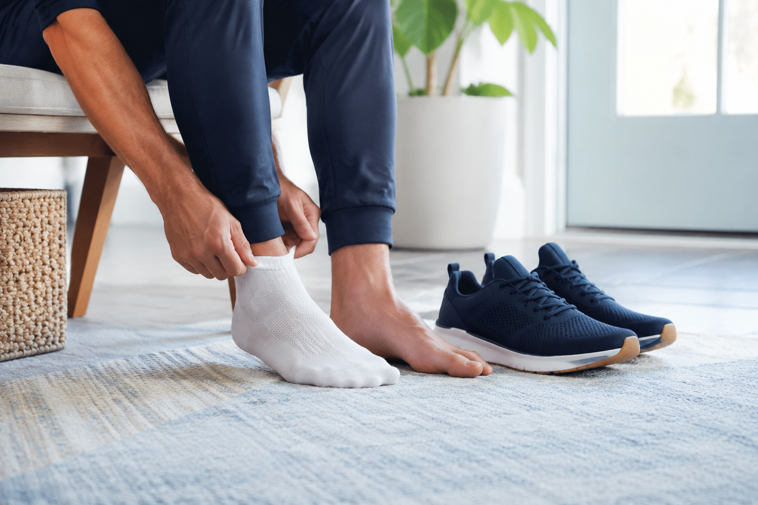 Persona colocándose medias frescas junto a zapatos deportivos ventilados